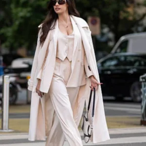 Ines Trocchia wearing a long coat during a Milan portrait session with elegant tailored fit and chic design