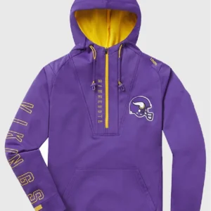 “Minnesota Vikings 23 Crossover Half-Zip Hoodie with team colors and logo displayed on a hanger.”