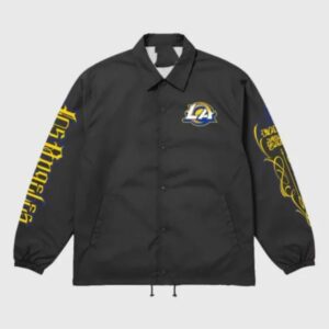 Mister Cartoon x Los Angeles Rams Coach Jacket featuring bold team graphics, snap-button front, and streetwear-inspired design.