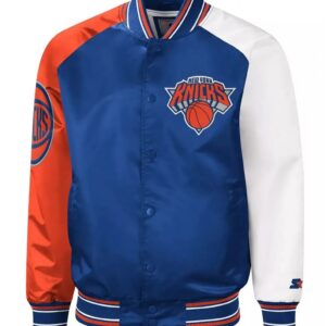 NY Knicks Reliever Raglan Royal Blue and Orange Satin Jacket