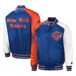 NY Knicks Reliever Raglan Royal Blue and Orange Satin Jacket