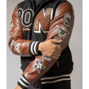 Negro League brown varsity jacket with contrasting sleeves and vintage athletic lettering.