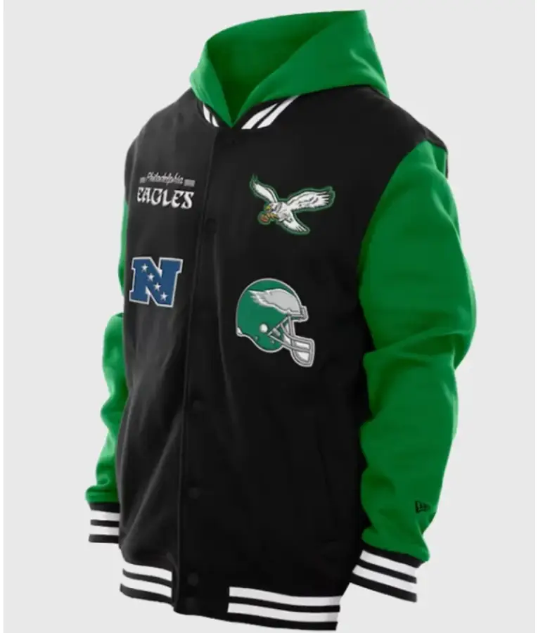 New Era Philadelphia Eagles Hoodie Jacket in team green, featuring the Eagles logo on the chest, front zip closure, and a comfortable hooded design.