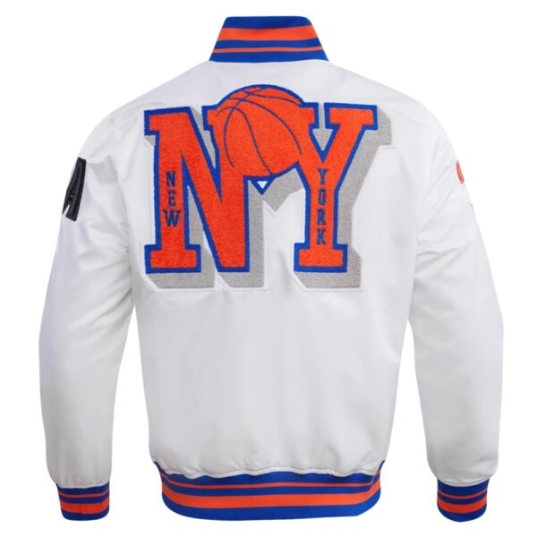 New York Knicks Mashup White Satin Varsity Jacket - Image 2