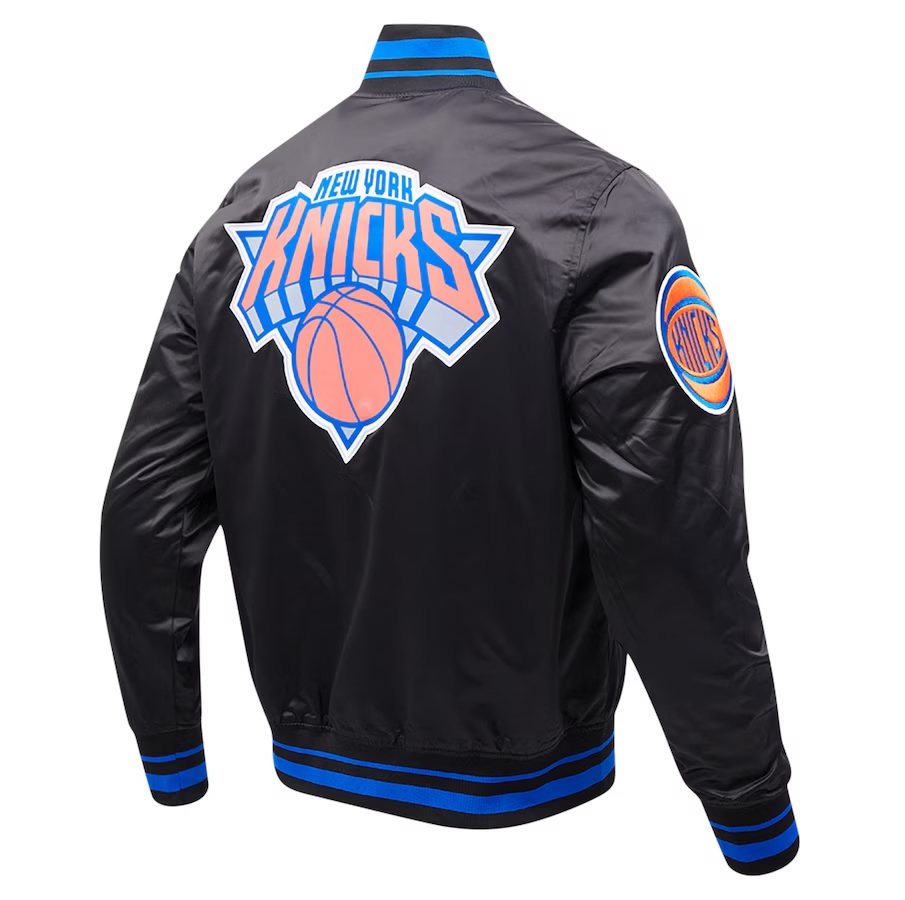 New York Knicks Script Tail Satin Varsity Jacket