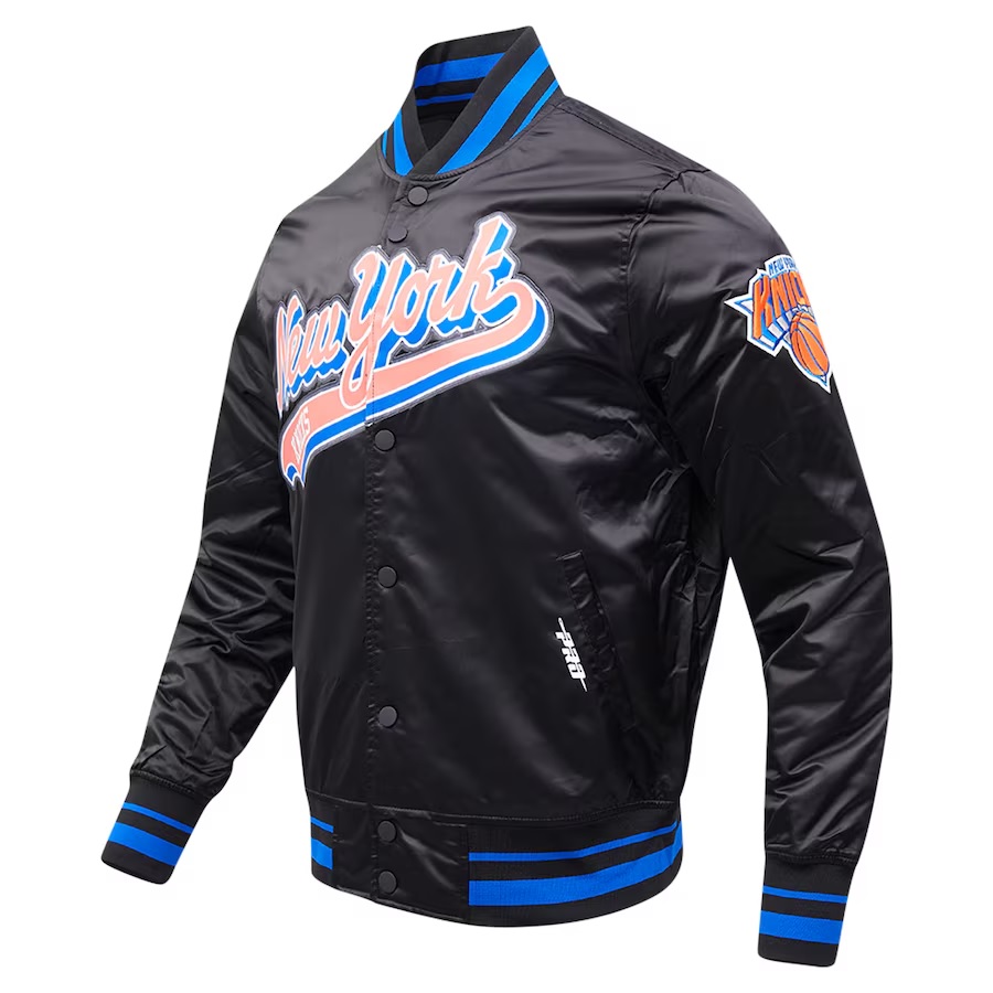 New York Knicks Script Tail Satin Varsity Jacket