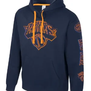 New York Knicks Stadium Essentials navy pullover hoodie featuring team logo on the chest, adjustable hood, and soft fleece fabric for comfort.
