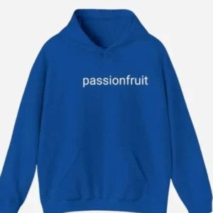 Passionfruit Drake blue hoodie featuring song-inspired graphic design, drawstring hood, and relaxed casual fit.