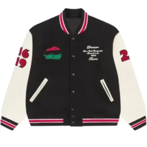 Peace Wreath Varsity Jacket in black and white, featuring an embroidered peace wreath design on the back, ribbed cuffs, and snap-button front closure.