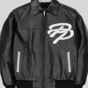 Pelle Pelle Greatest Of All Time black leather jacket with embroidered typography on the back and classic streetwear style.