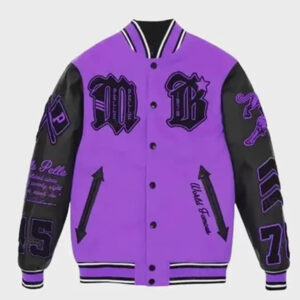 Pelle Pelle purple varsity jacket with contrasting white sleeves and embroidered logo detailing