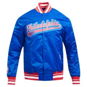 Philadelphia 76ers Script Tail Royal Satin Varsity Jacket