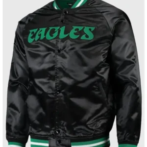 Philadelphia Eagles satin jacket with team logo, glossy finish, and classic varsity-style design.”