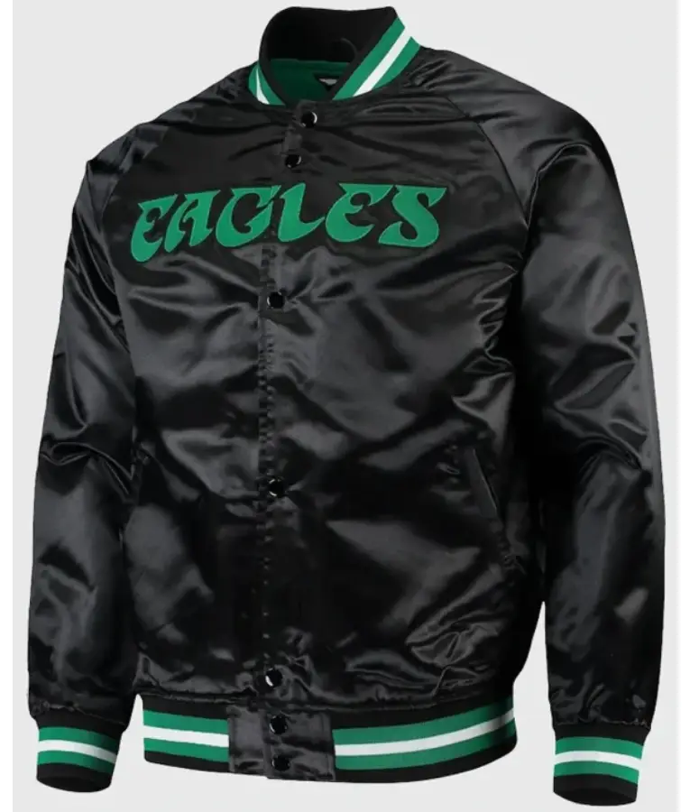 Philadelphia Eagles satin jacket with team logo, glossy finish, and classic varsity-style design.”