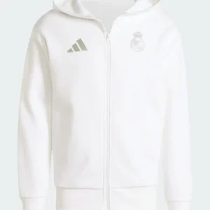 “Real Madrid Anthem white jacket with team logo and classic sporty design.”