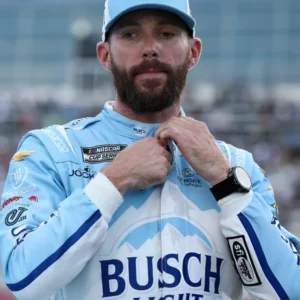 Ross Chastain NASCAR Cup Series Bank of America Roval 400 racing jumpsuit in blue and white with sponsor logos and full-body protective design