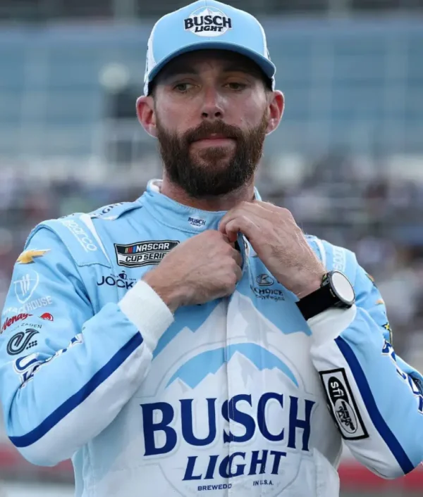 Ross Chastain NASCAR Cup Series Bank of America Roval 400 racing jumpsuit in blue and white with sponsor logos and full-body protective design
