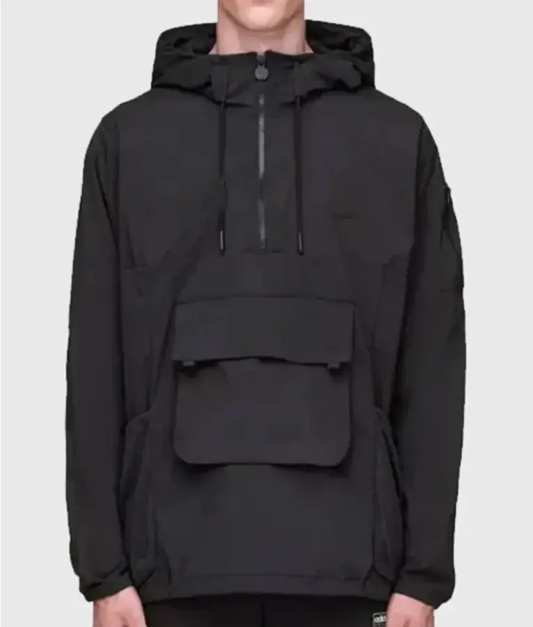 SPZL FC Smock Jacket in navy blue, featuring a pullover design with front pocket, adjustable hood, and minimalist SPZL branding.