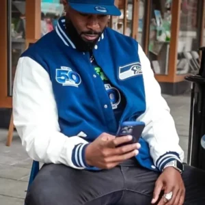 Seattle Seahawks 50th Season jacket featuring team colors, commemorative patches, and classic varsity-style design.”