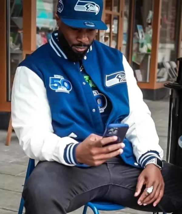 Seattle Seahawks 50th Season jacket featuring team colors, commemorative patches, and classic varsity-style design.”