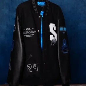 Seattle Seahawks Top 50 Players jacket featuring team colors, embroidered player details, and classic varsity-style design.