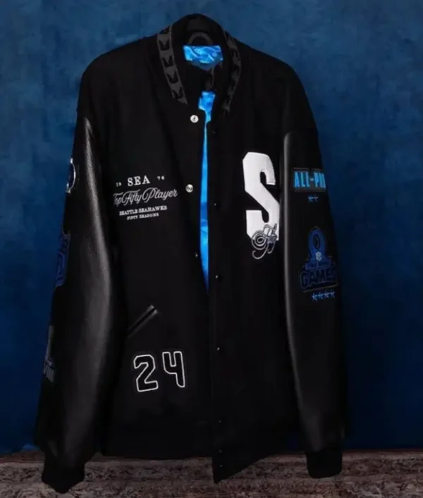 Seattle Seahawks Top 50 Players jacket featuring team colors, embroidered player details, and classic varsity-style design.