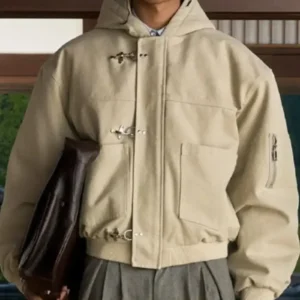 Shinzo Shige 15oz canvas clasp bomber jacket in beige, featuring front clasp closures, ribbed cuffs, and a structured casual fit.