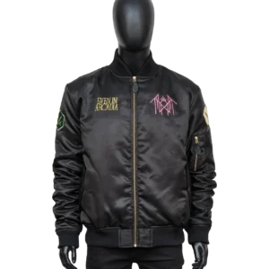 Sleep Token / EIA custom bomber jacket featuring a sleek black design with embroidered band logos, ribbed cuffs, and a front zip closure.