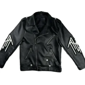 Sleep Token Faux Leather Jacket in black, featuring the band’s signature emblem on the back, zip-up front, and sleek modern design.