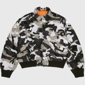 Snow camo flight bomber jacket with white and gray camouflage pattern, ribbed cuffs, and zip-up front.