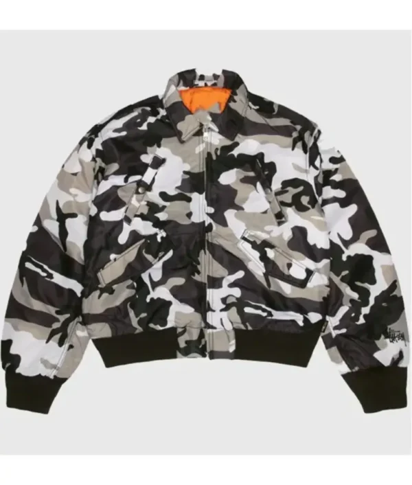 Snow camo flight bomber jacket with white and gray camouflage pattern, ribbed cuffs, and zip-up front.