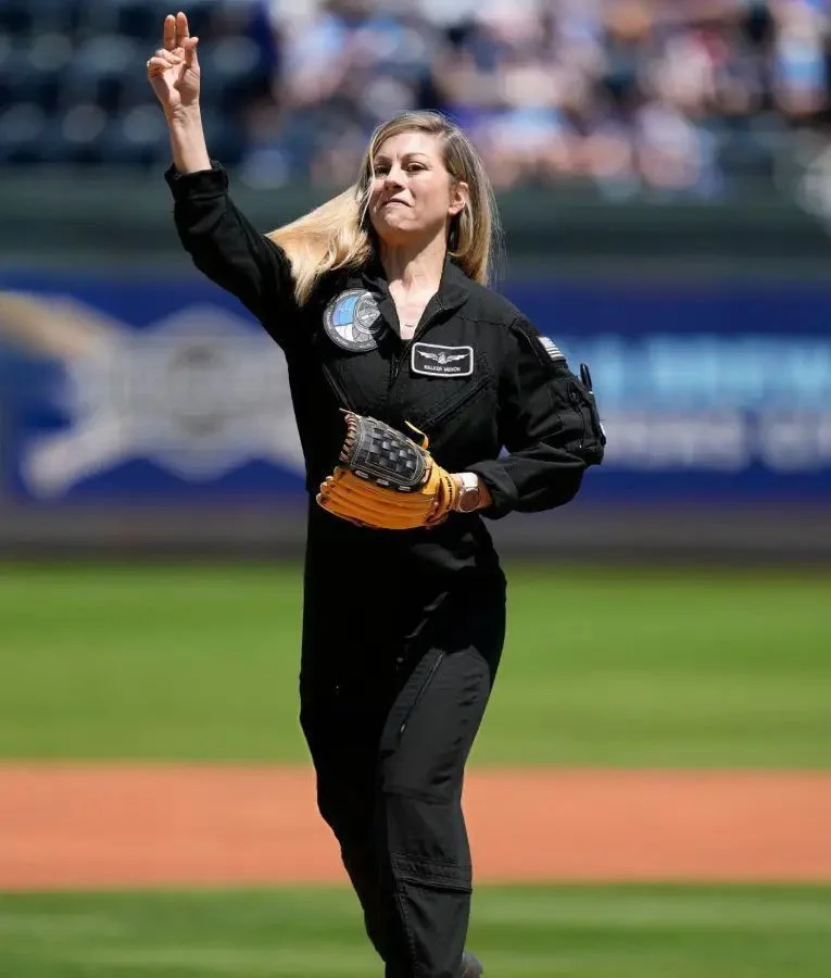 “Anna Menon wearing a SpaceX jumpsuit featuring a fitted astronaut-style design, zip front, and mission-style detailing.”
