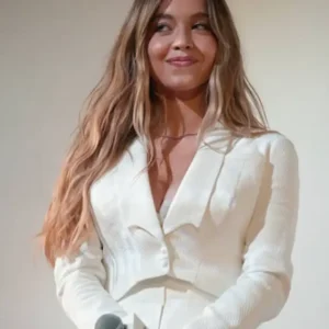 Sydney Sweeney wearing a white cropped blazer at the Christy US Premiere with tailored fit and modern chic design