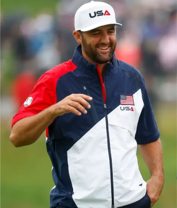 Team USA Ryder Cup 2025 Scottie Scheffler rain jacket with waterproof design, team branding, and sporty fit.