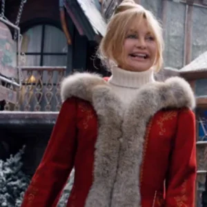 Mrs. Claus coat from The Christmas Chronicles 2, featuring a long red design with white fur trim, festive detailing, and a cozy winter look.