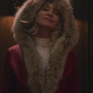 Goldie Hawn wearing a hooded jacket in The Christmas Chronicles, featuring a warm red design with fur trim and festive detailing