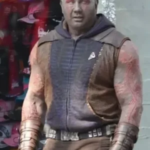 “Model wearing The Guardians of the Galaxy Holiday Special Drax Vest.”