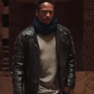 Gary Dourdan wearing a leather jacket in The Lost Princess, featuring a sleek black finish, zip-up front, and classic collar design.