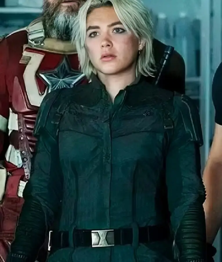 Yelena Belova jumpsuit from Thunderbolts, featuring a tactical fitted design with zip front, utility pockets, and combat-style detailing.