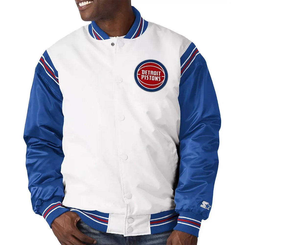 White/Blue Detroit Pistons Renegade Varsity Satin Jacket