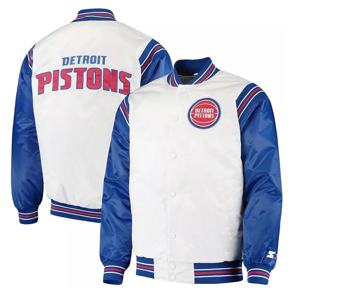White/Blue Detroit Pistons Renegade Varsity Satin Jacket
