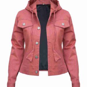Women’s pink hooded jacket featuring a front zipper, adjustable hood, and lightweight casual design.