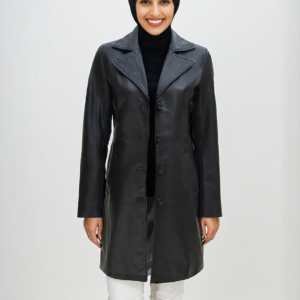Black Real Leather Trench Car Coat for Women