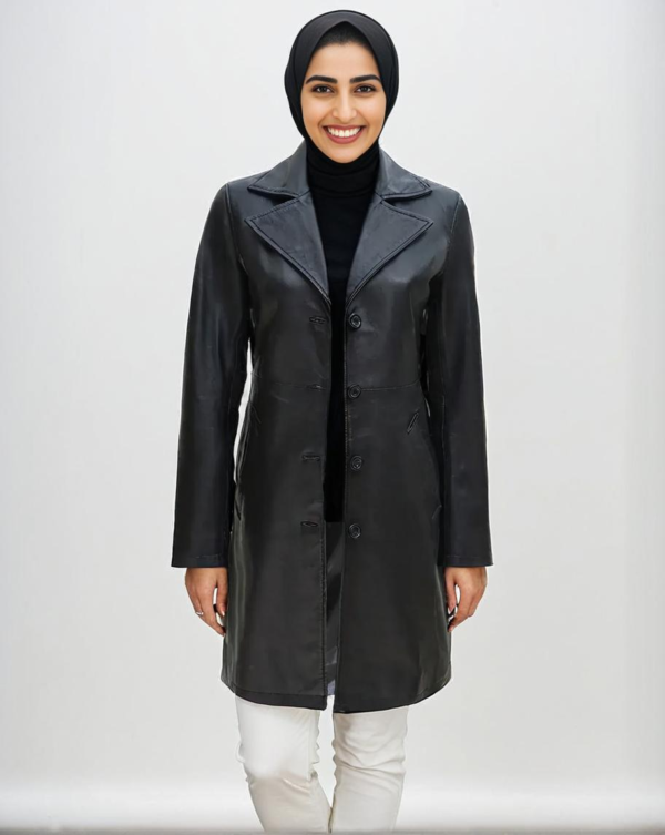 Black Real Leather Trench Car Coat for Women
