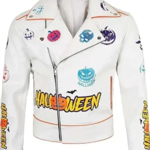 Men’s Halloween Pumpkin White Biker Leather Jacket